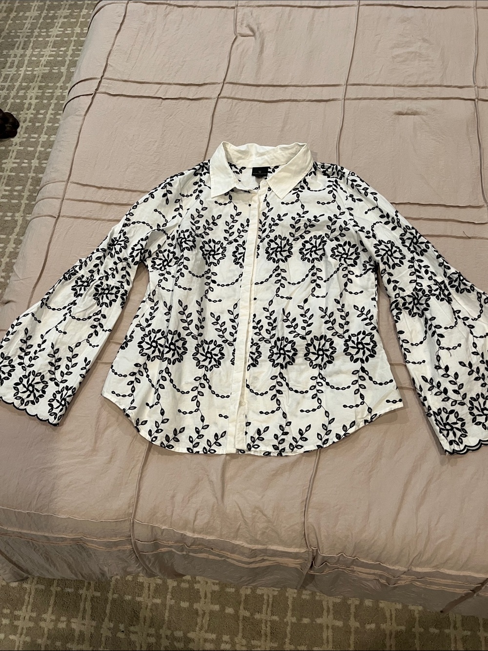 Worthington White Button-Down Shirt with Black Floral Embroidery